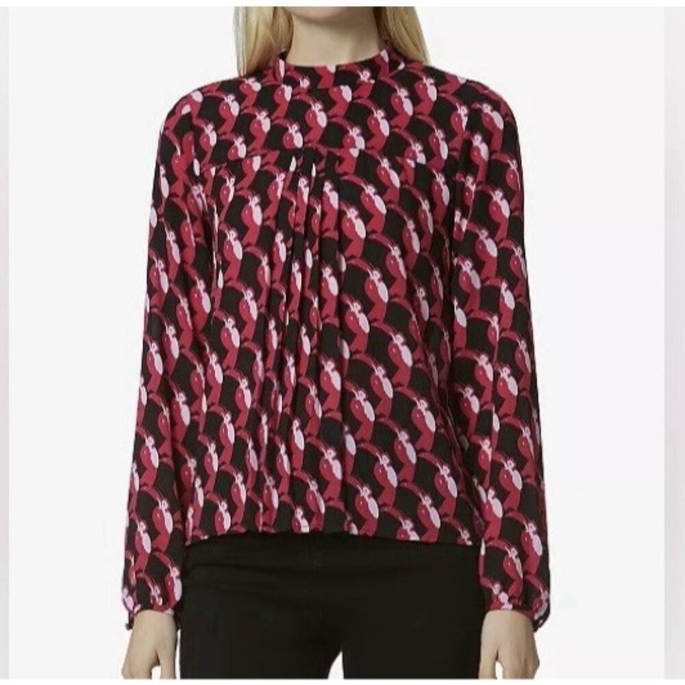 Avec Les Filles pleated Blouse mock neck top Size XS Toucan Bird Long Sleeve